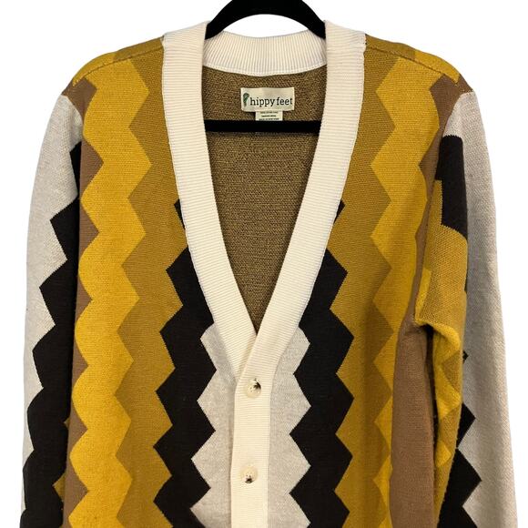 Hippy Feet Merino Wool Brown and Gold Vertical Chevron Cardigan Academia Size XL - Picture 2 of 12